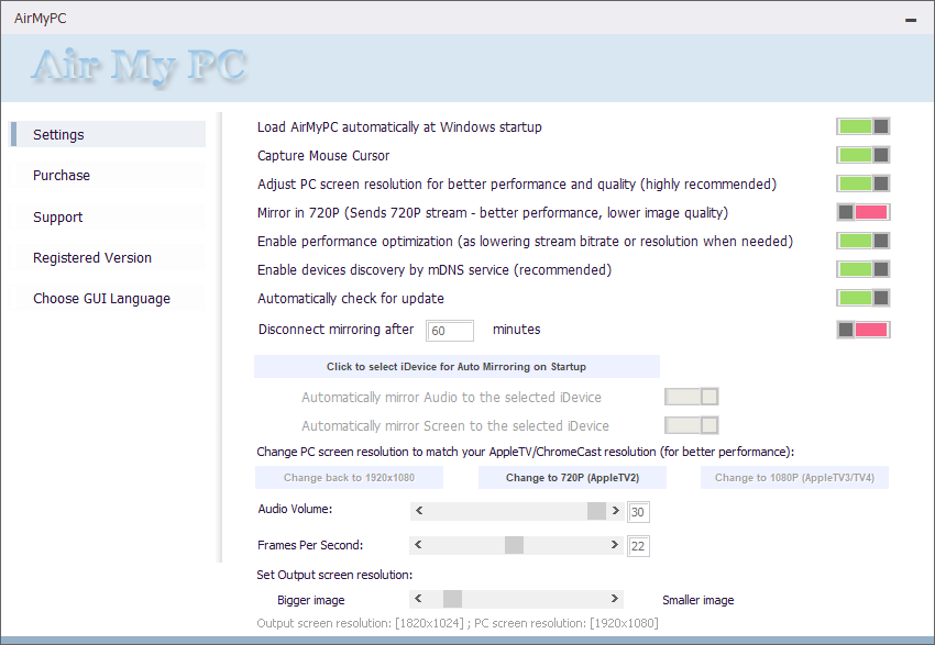 AirMyPC settings screen